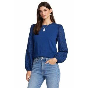 Johnny Was JADE Top Women M Blue Nora Long Sleeve Easy Tee Eyelet Embroidery